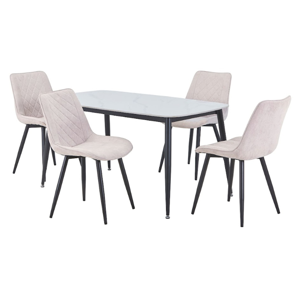 Arta Gloss White Rectangular Sintered Stone Dining Table with 4 Natural Diamond Stitch Fabric Chairs