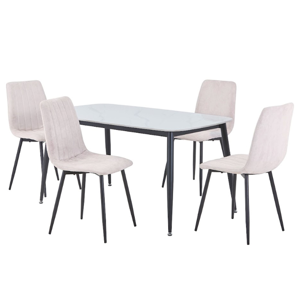 Arta Gloss White Rectangular Sintered Stone Dining Table with 4 Natural Straight Stitch Fabric Chairs