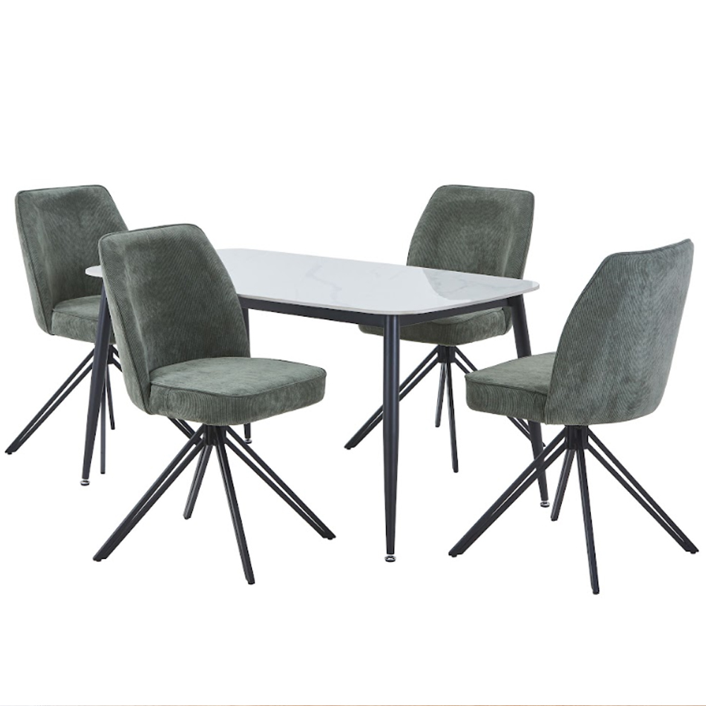 Arta Gloss White Rectangular Sintered Stone Dining Table with 4 Swivel Green Fabric Chairs