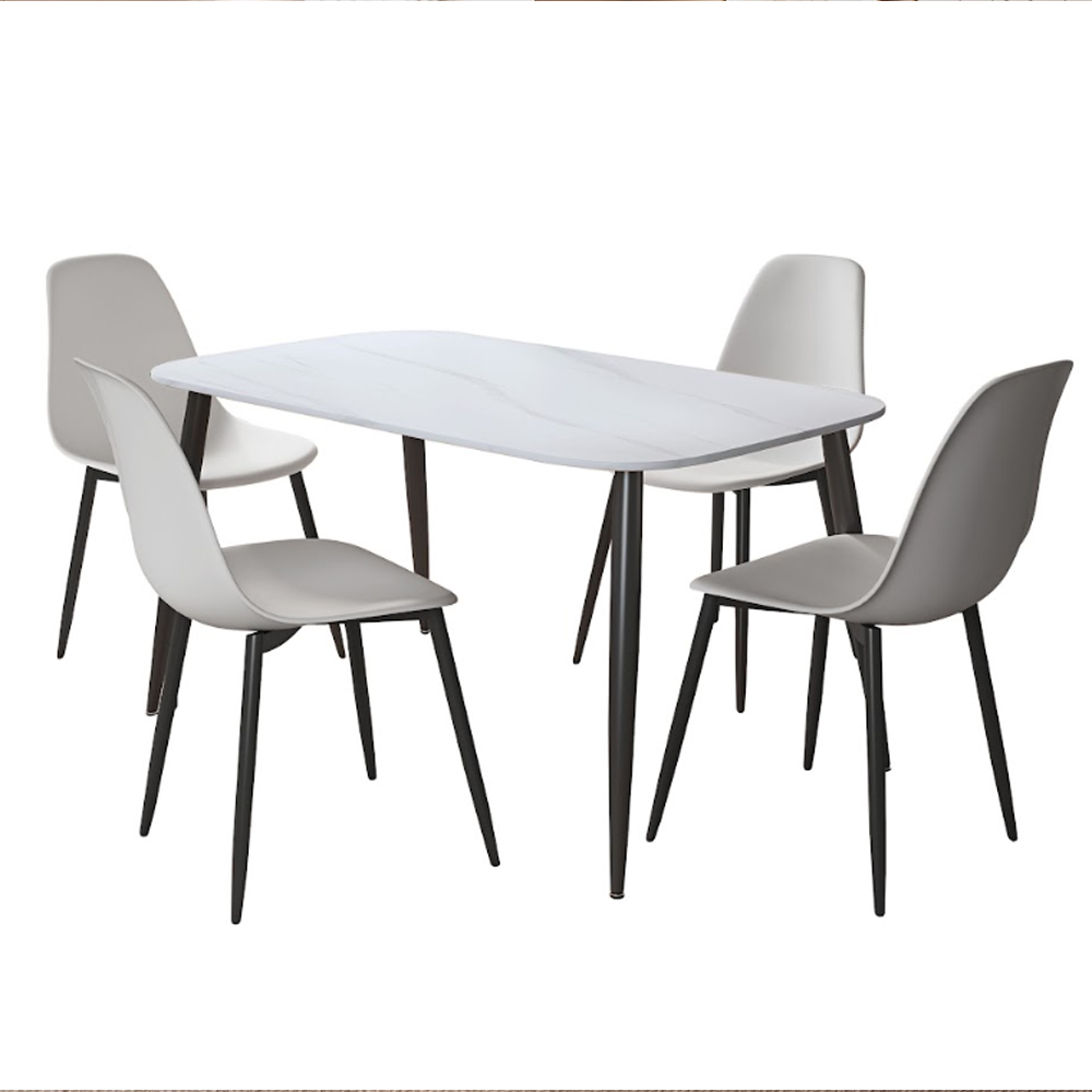Arta Gloss White Rectangular Sintered Stone Dining Table with 4 White Plastic Chairs