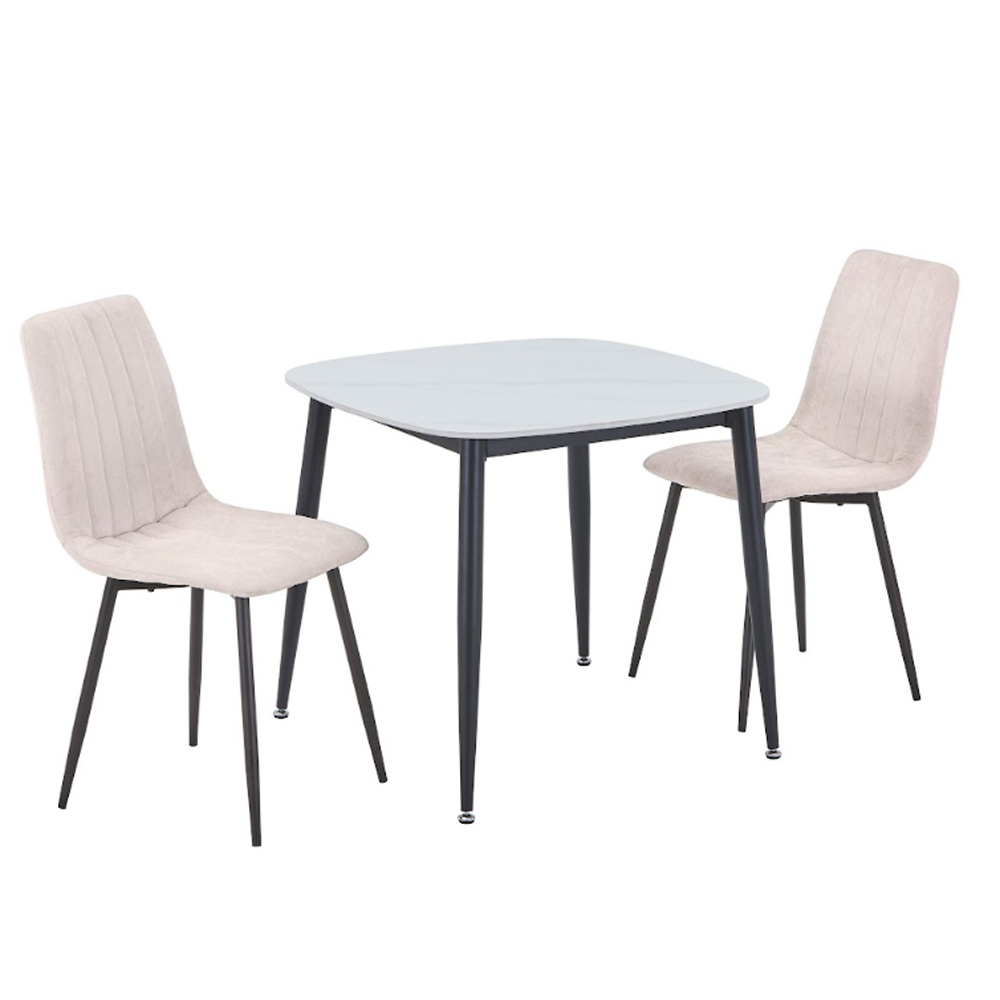 Arta Gloss White Square Sintered Stone Dining Table with 2 Natural Straight Stitch Fabric Chairs