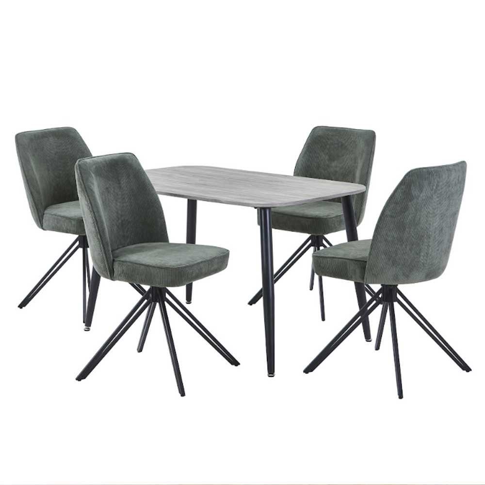 Arta Grey Oak Rectangular Wooden Dining Table with 4 Swivel Green Fabric Chairs