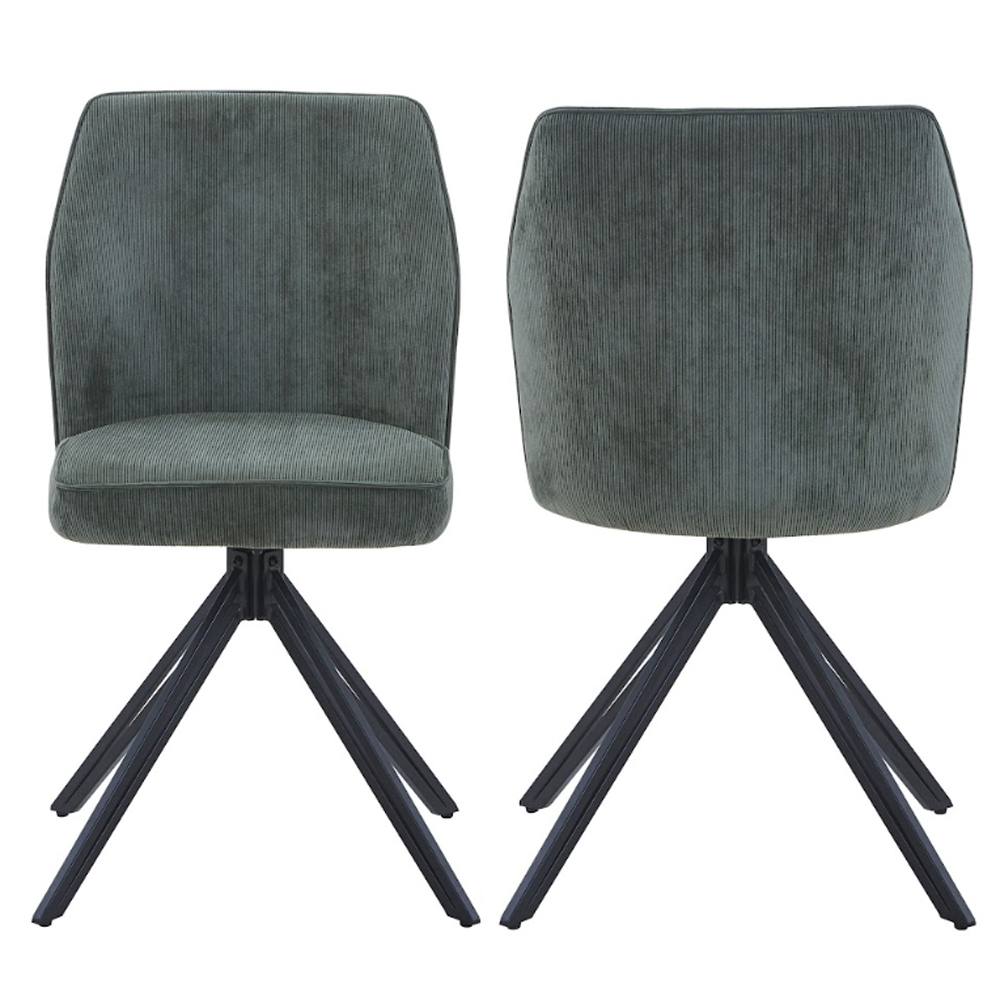 Arta Grey Oak Rectangular Wooden Dining Table with 4 Swivel Green Fabric Chairs