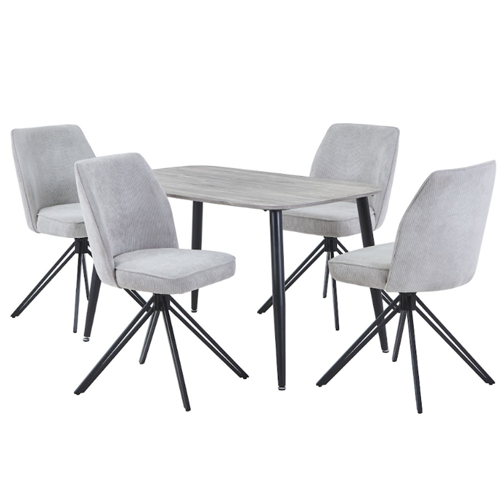 Arta Grey Oak Rectangular Wooden Dining Table with 4 Swivel Light Grey Fabric Chairs