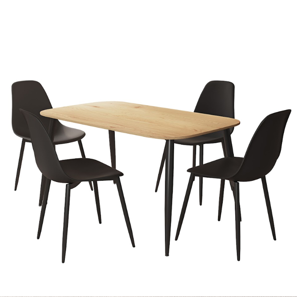 Arta Oak Rectangular Wooden Dining Table with 4 Black Plastic Chairs
