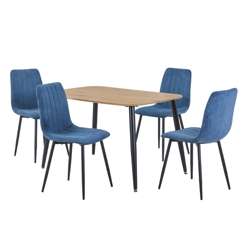 Arta Oak Rectangular Wooden Dining Table with 4 Blue Straight Stitch Fabric Chairs