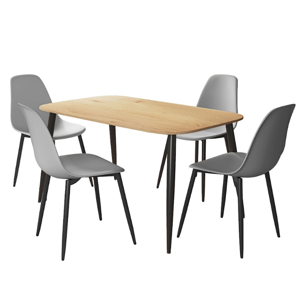 Arta Oak Rectangular Wooden Dining Table with 4 Grey Plastic Chairs