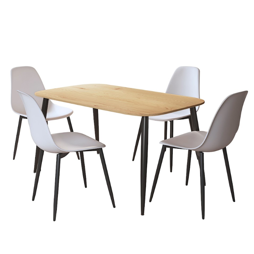 Arta Oak Rectangular Wooden Dining Table with 4 White Plastic Chairs