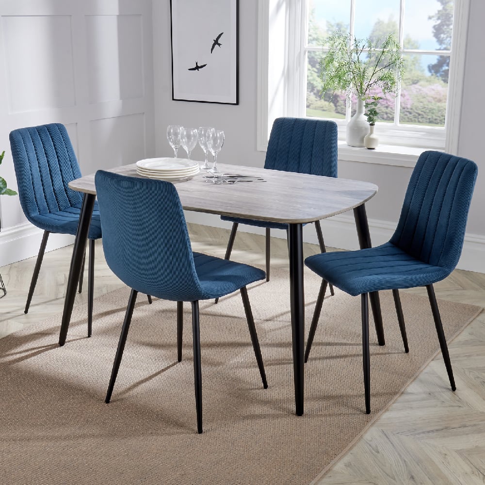Read more about Arta grey wooden dining table 4 blue straight chairs