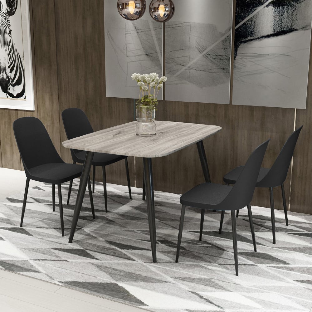Read more about Arta grey wooden dining table 4 curve plastic black chairs