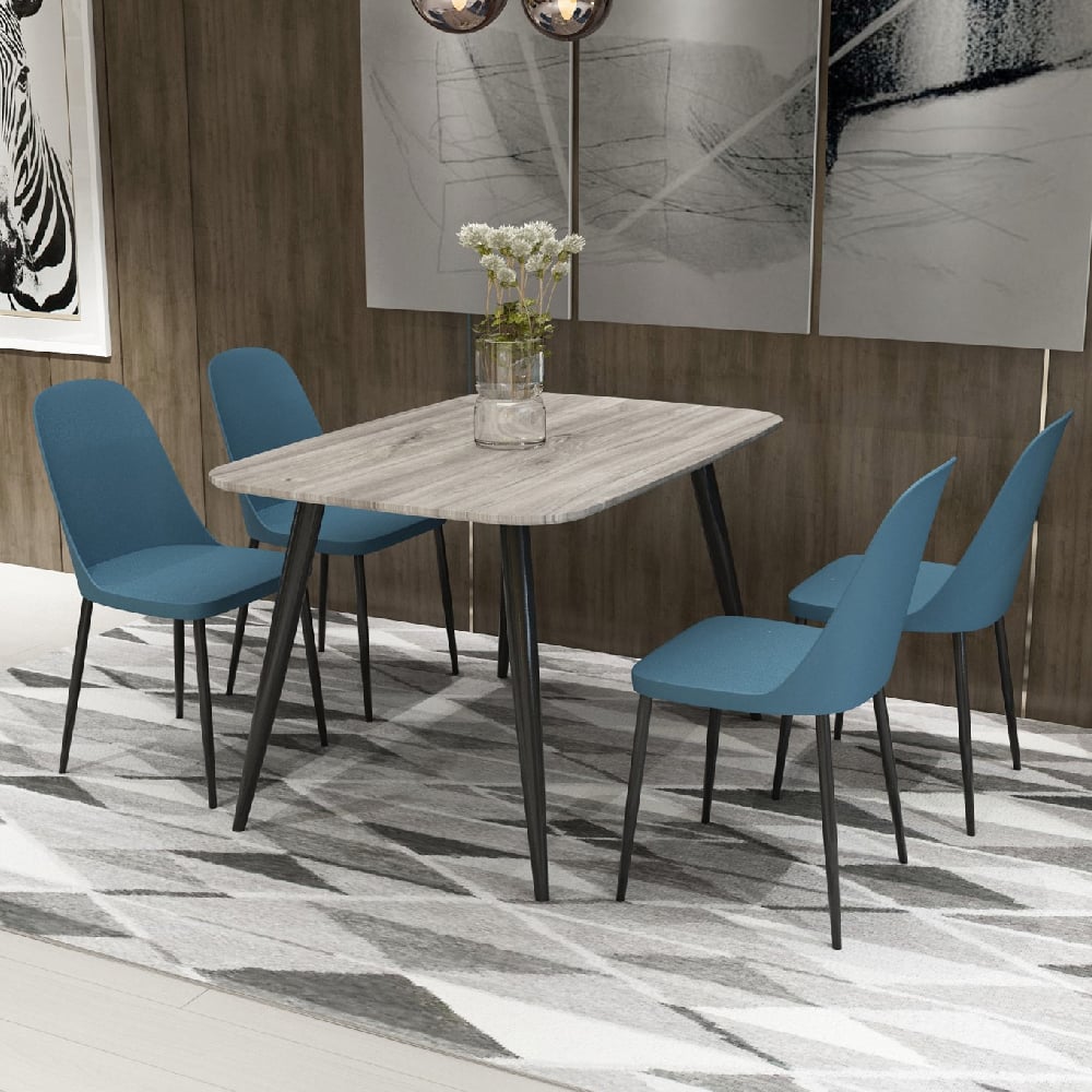 Read more about Arta grey wooden dining table 4 curve plastic blue chairs