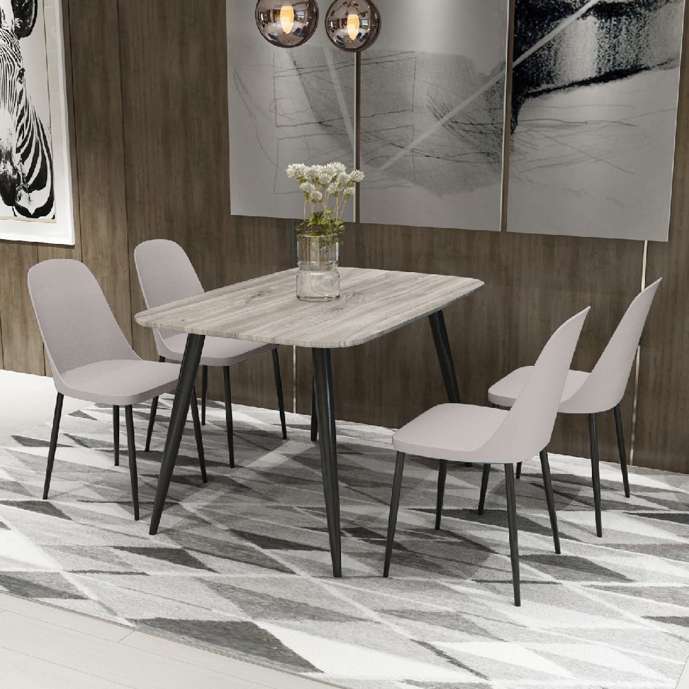 Read more about Arta grey wooden dining table 4 curve plastic calico chairs