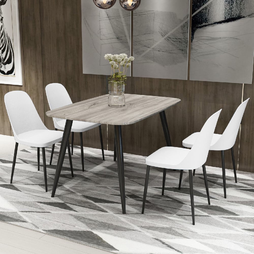 Read more about Arta grey wooden dining table 4 curve plastic white chairs