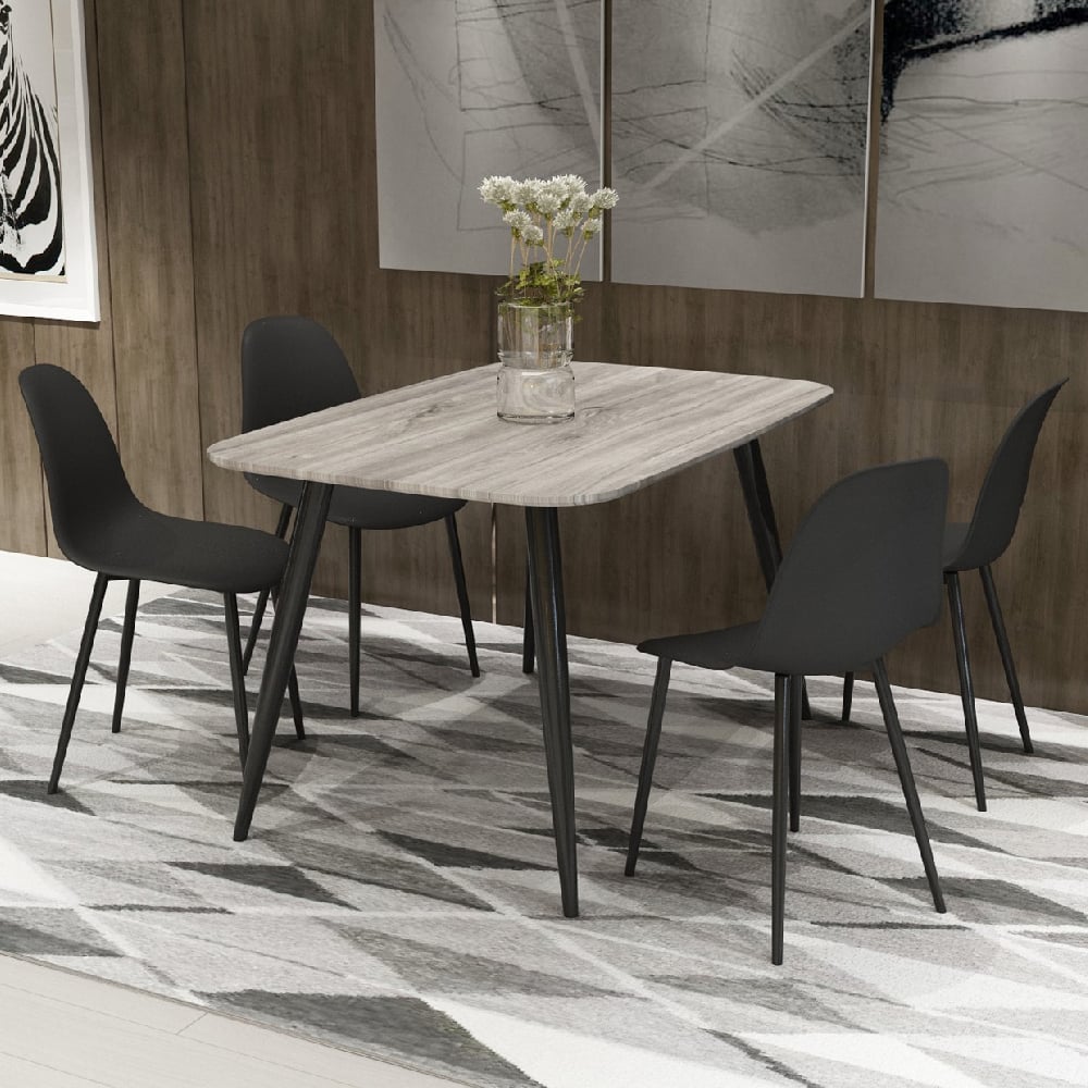 Read more about Arta grey wooden dining table 4 duo plastic black chairs