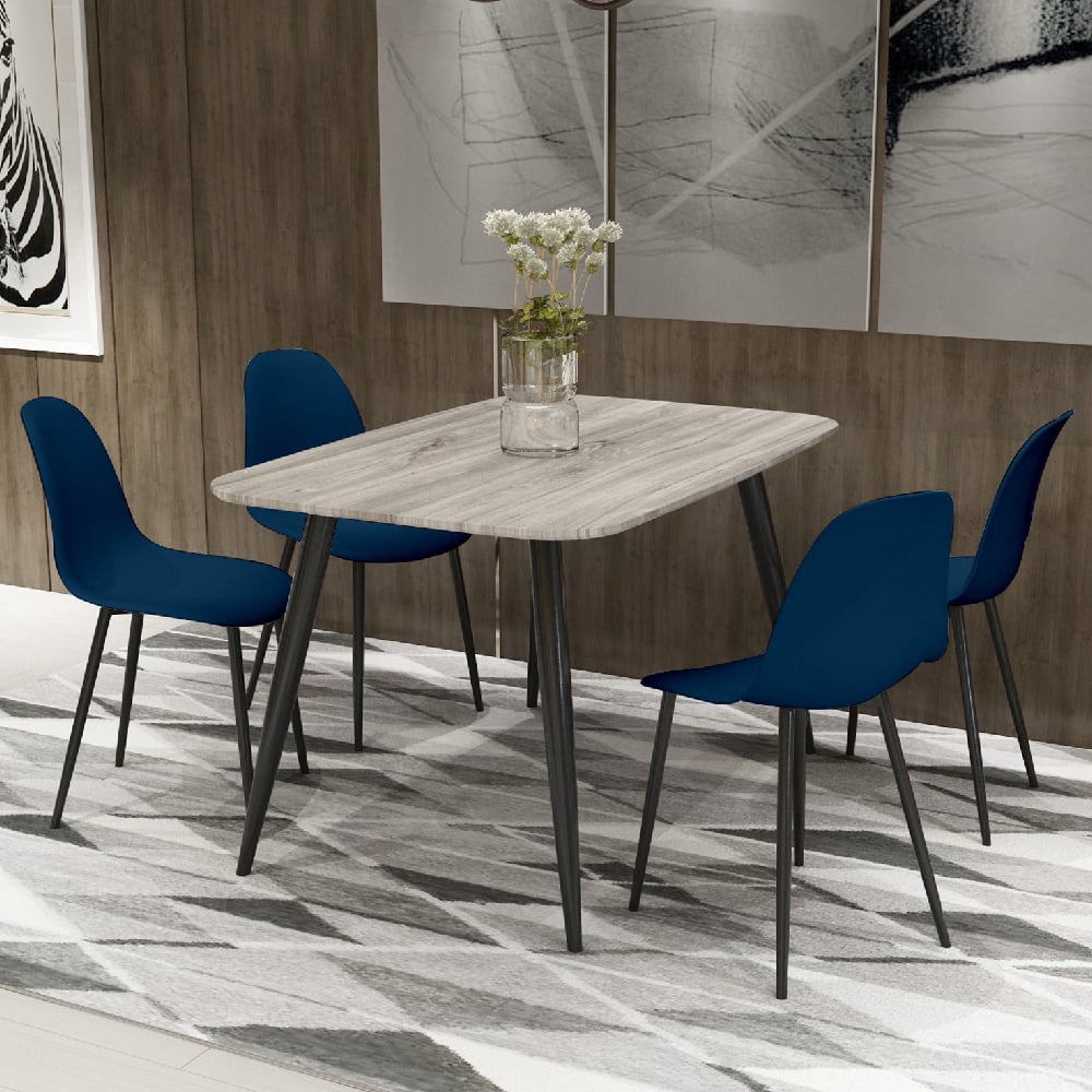 Read more about Arta grey wooden dining table 4 duo plastic blue chairs