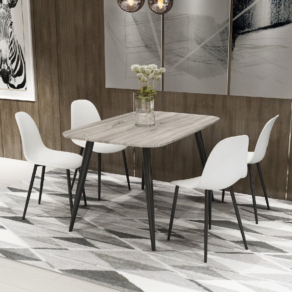 Read more about Arta grey wooden dining table 4 duo plastic white chairs