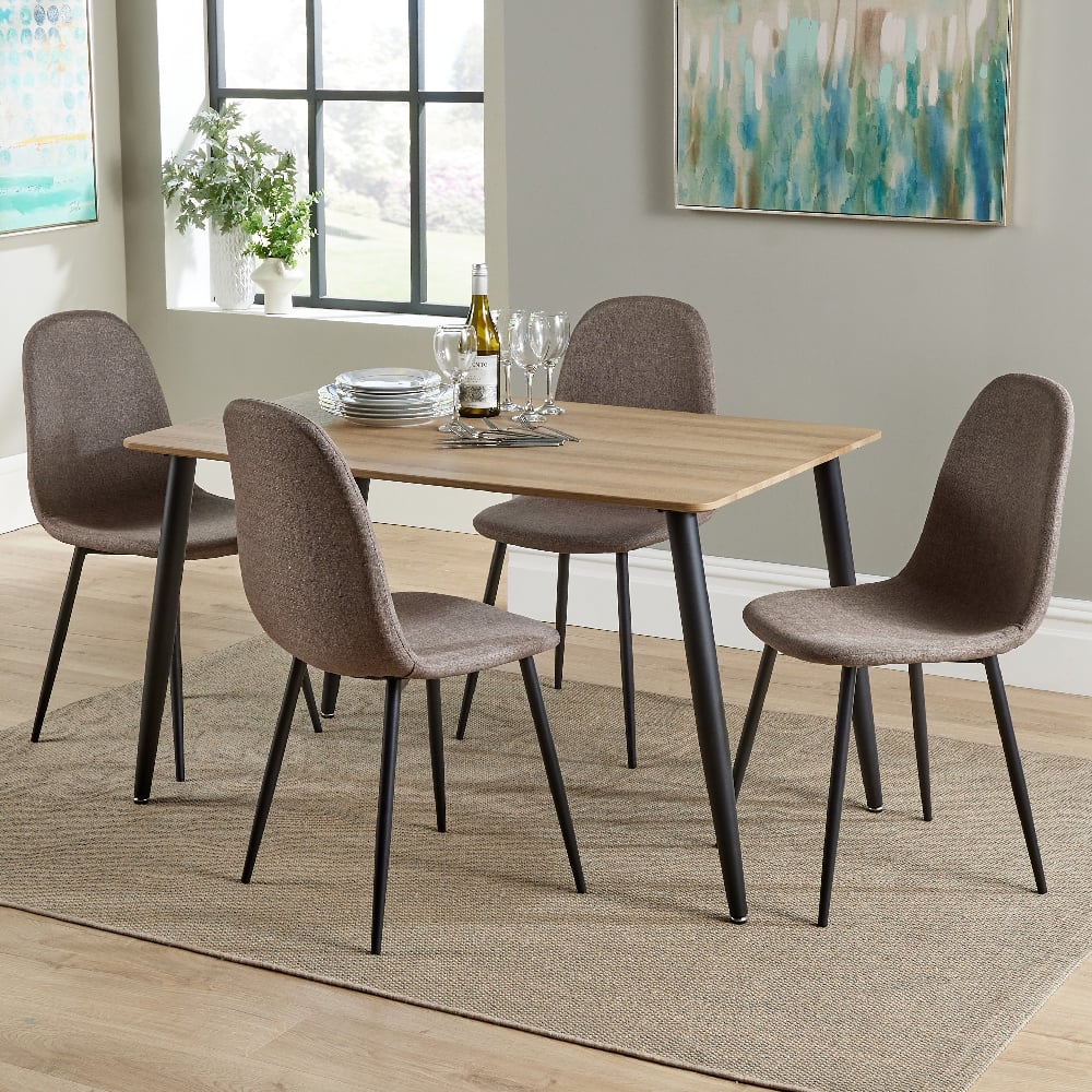 Read more about Arta rectangular oak wooden dining table 4 fabric brown chairs