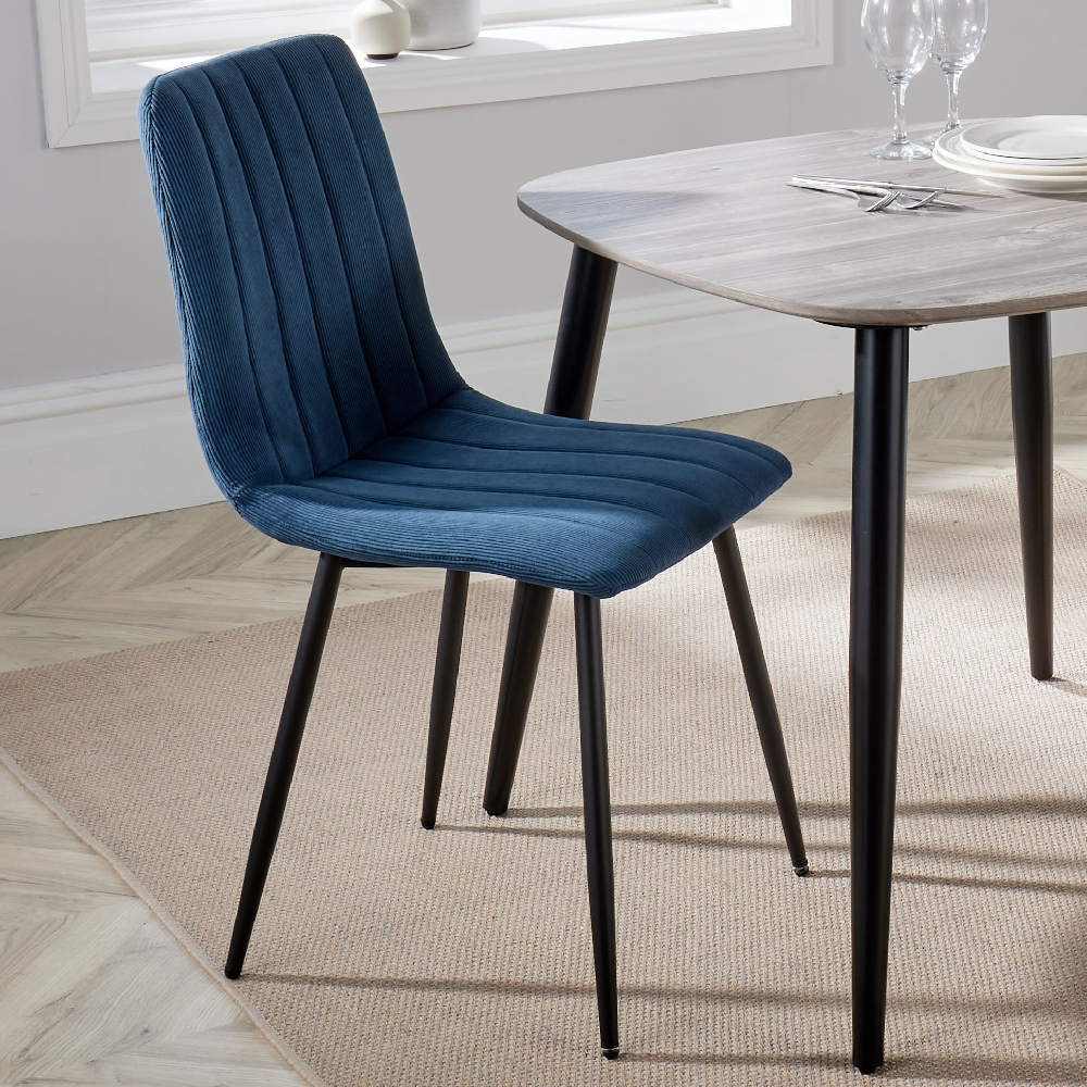 Arta Round White Wooden Dining Table 4 Blue Straight Chairs