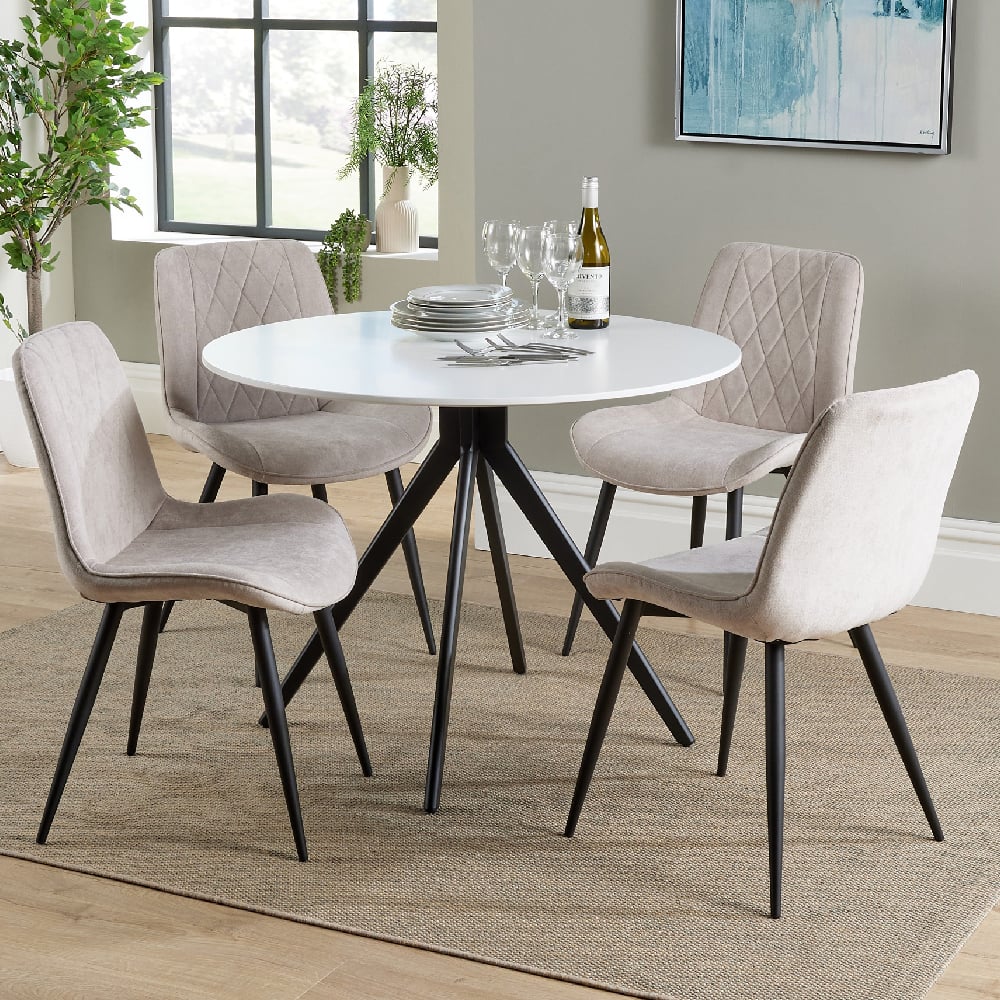 Read more about Arta round white wooden dining table 4 natural diamond chairs