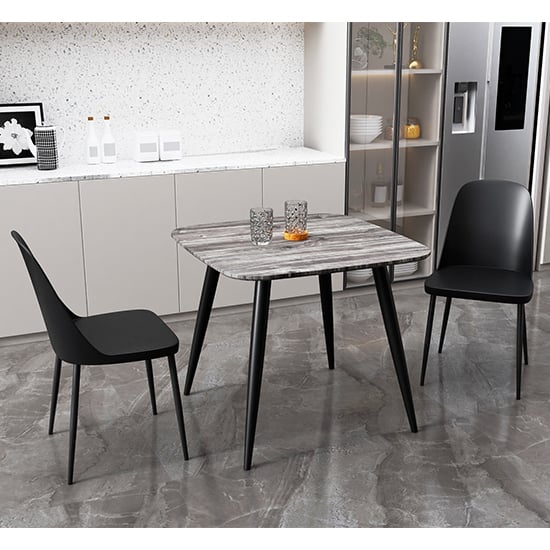 Arta Square Grey Oak Dining Table With 2 Curve Black Chairs