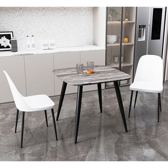 Arta Square Grey Oak Dining Table With 2 Curve White Chairs