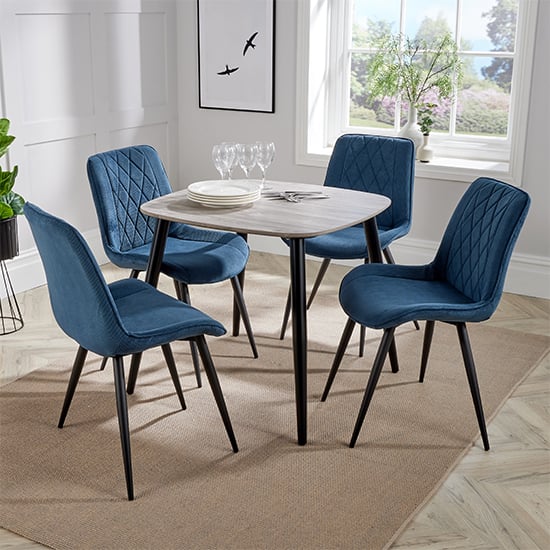 Read more about Arta square grey wooden dining table 4 blue diamond chairs