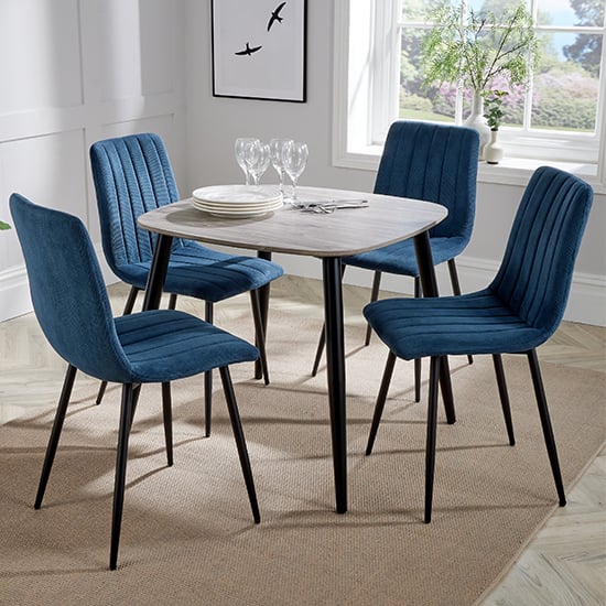 Read more about Arta square grey wooden dining table 4 blue straight chairs