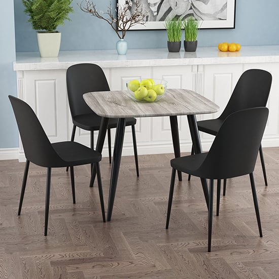 Read more about Arta square grey wooden dining table 4 curve plastic black chairs