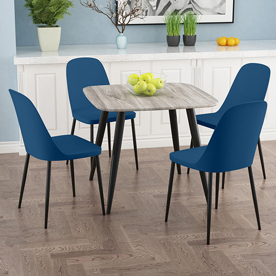 Read more about Arta square grey wooden dining table 4 curve plastic blue chairs