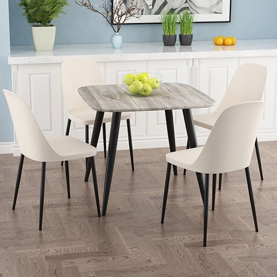 Read more about Arta square grey wooden dining table 4 curve plastic calico chairs