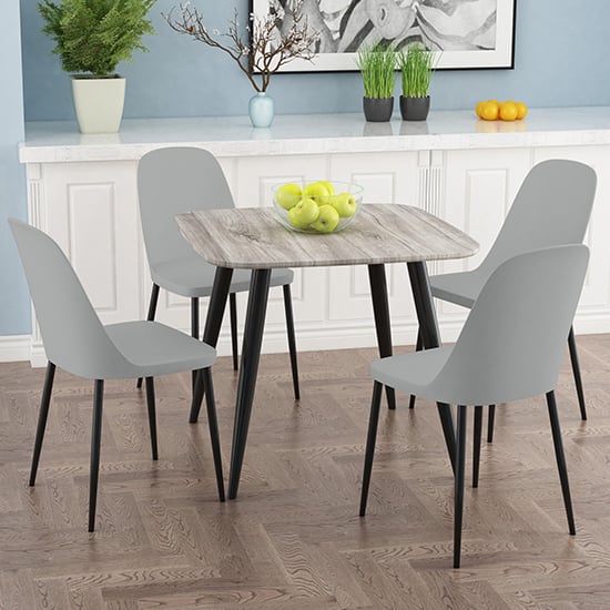 Read more about Arta square grey wooden dining table 4 curve plastic grey chairs