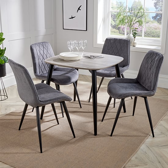 Read more about Arta square grey wooden dining table 4 dark grey diamond chairs