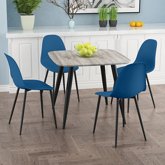 Read more about Arta square grey wooden dining table 4 duo plastic blue chairs