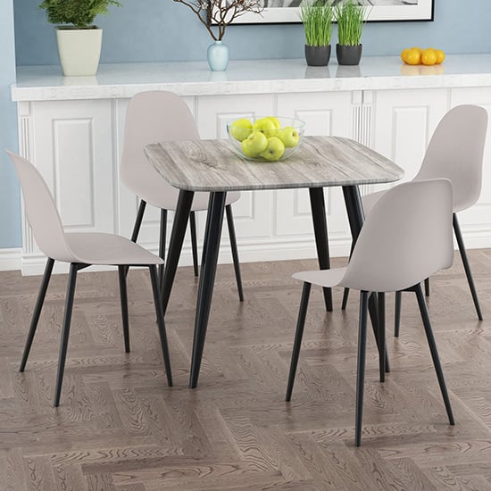 Read more about Arta square grey wooden dining table 4 duo plastic calico chairs