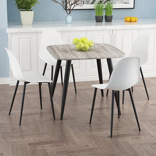 Arta Square Grey Oak Dining Table With 4 Duo White Chairs