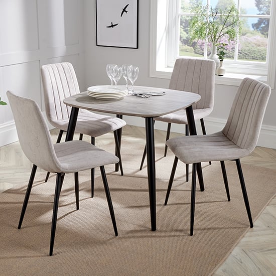 Read more about Arta square grey wooden dining table 4 natural straight chairs