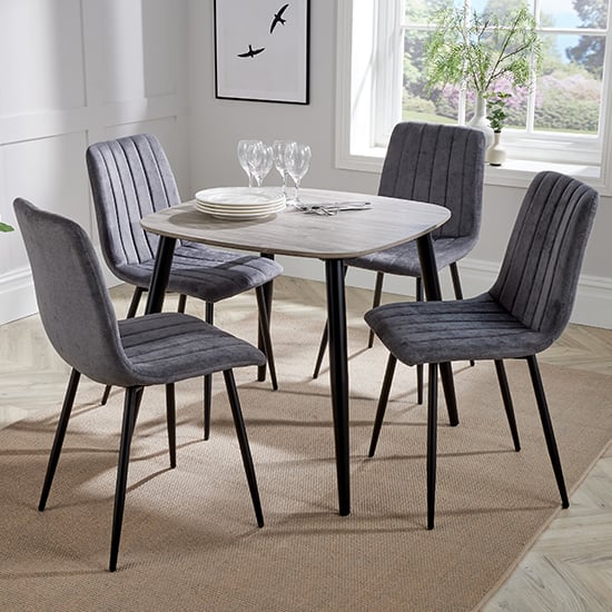 Read more about Arta square grey wooden dining table 4 dark grey straight chairs
