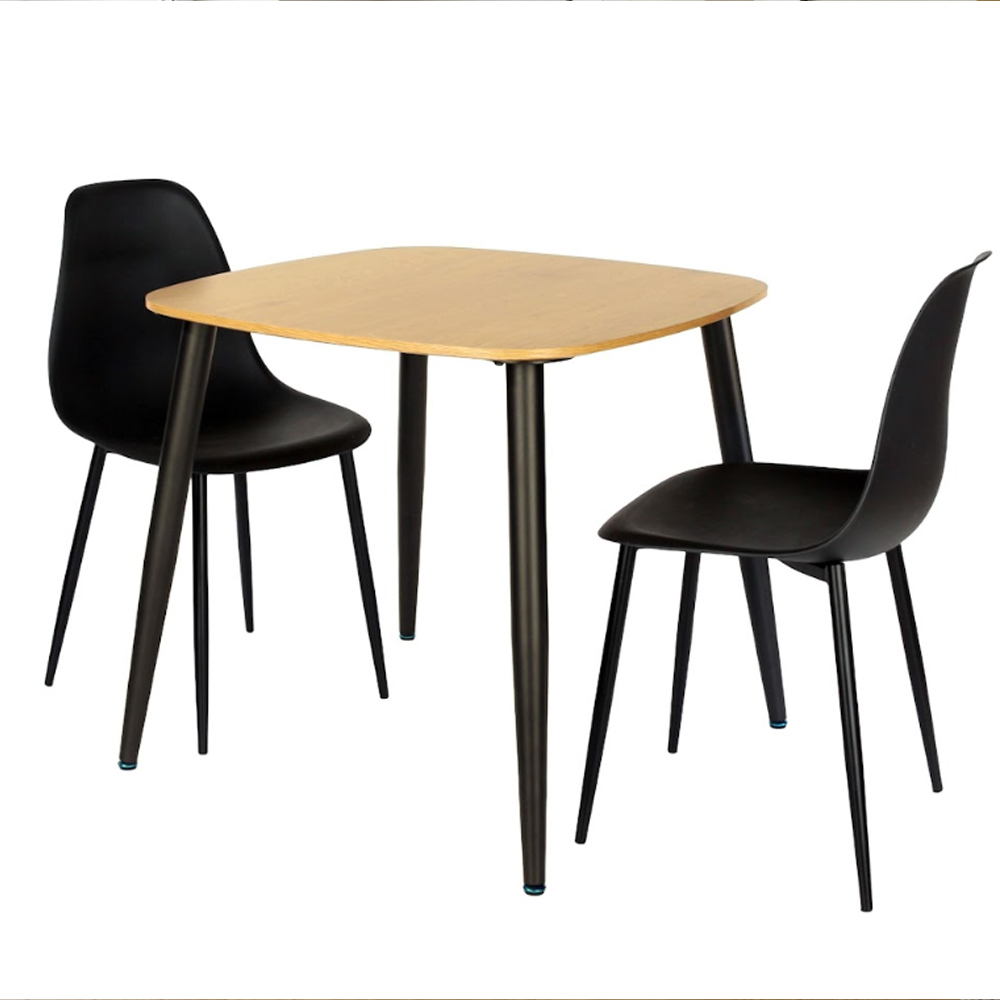 Arta Square Oak Wooden Dining Table with 2 Black Plastic Chairs