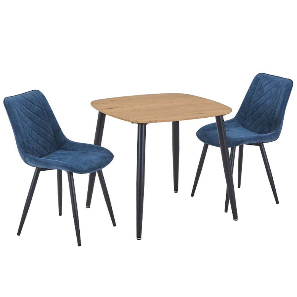Arta Square Oak Wooden Dining Table with 2 Blue Diamond Stitch Fabric Chairs