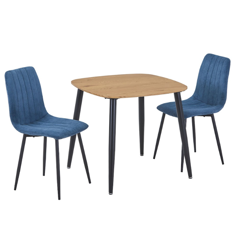 Arta Square Oak Wooden Dining Table with 2 Blue Straight Stitch Fabric Chairs