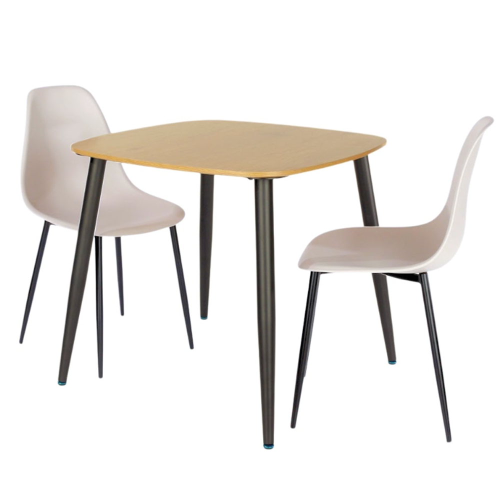 Arta Square Oak Wooden Dining Table with 2 Calico Plastic Chairs