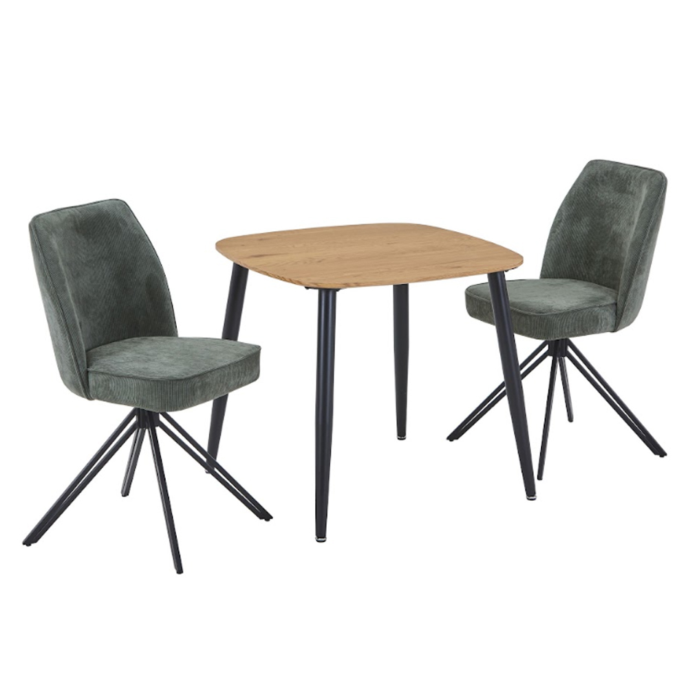 Arta Square Oak Wooden Dining Table with 2 Green Fabric Chairs