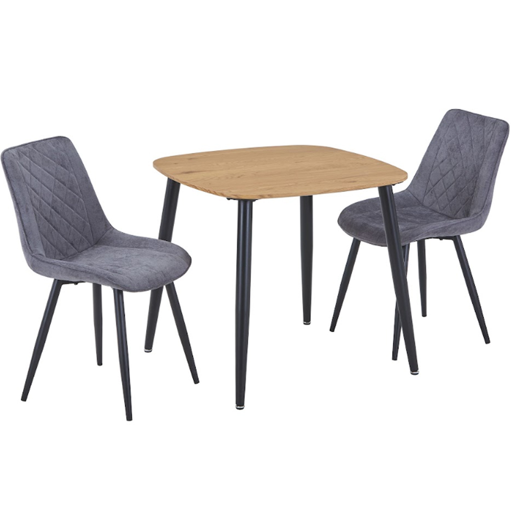 Arta Square Oak Wooden Dining Table with 2 Grey Diamond Stitch Fabric Chairs
