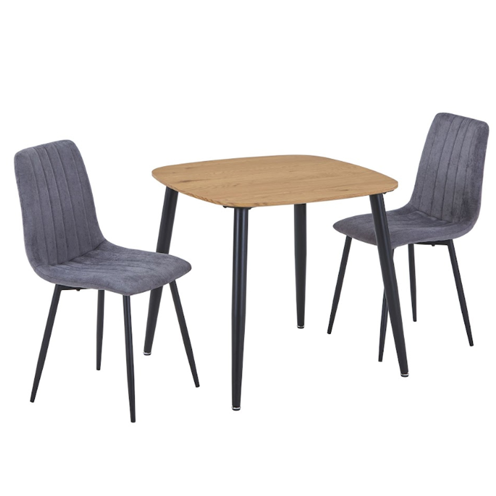 Arta Square Oak Wooden Dining Table with 2 Grey Fabric Chairs