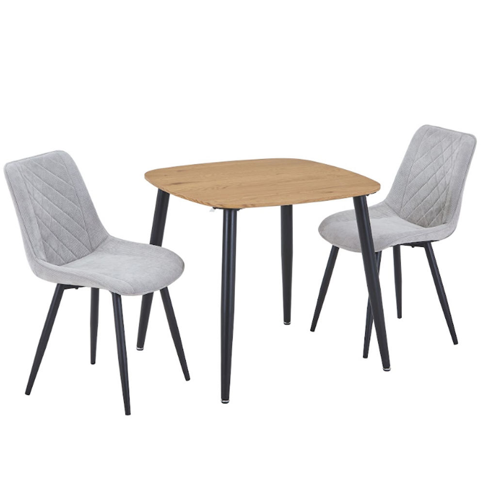 Arta Square Oak Wooden Dining Table with 2 Light Grey Diamond Stitch Fabric Chairs