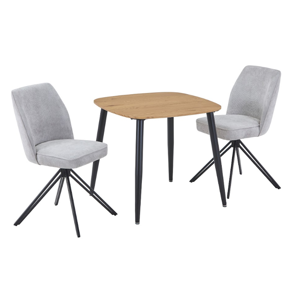 Arta Square Oak Wooden Dining Table with 2 Light Grey Fabric Chairs