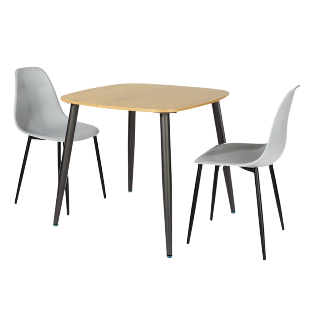 Arta Square Oak Wooden Dining Table with 2 Light Grey Plastic Chairs