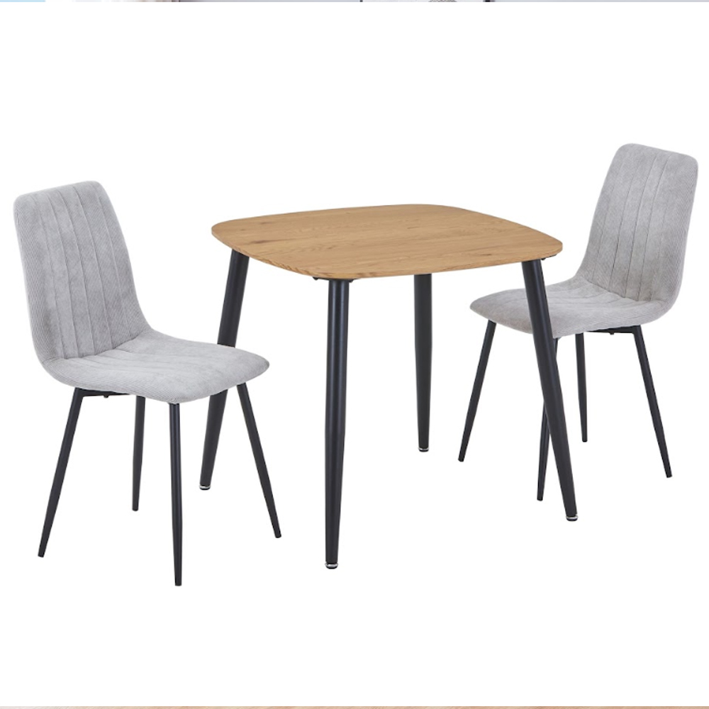 Arta Square Oak Wooden Dining Table with 2 Light Grey Straight Stitch Fabric Chairs