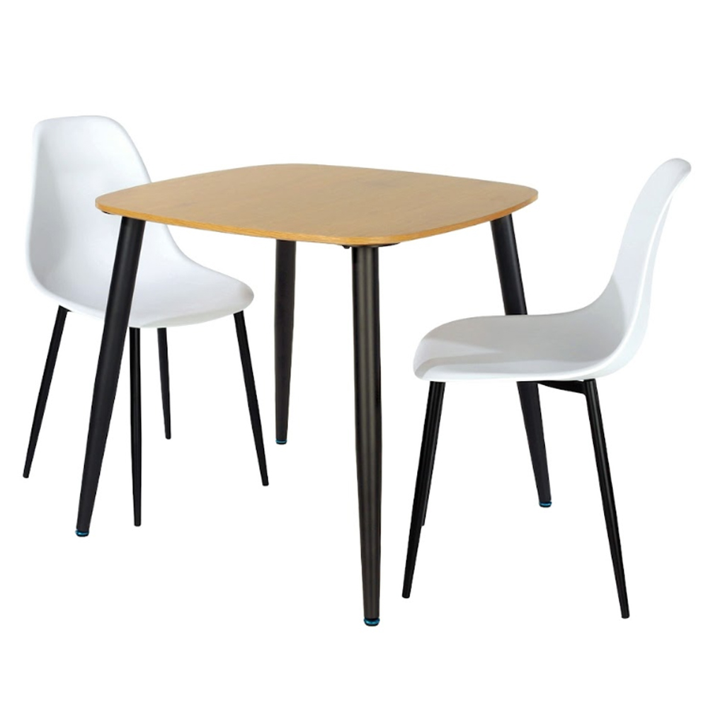 Arta Square Oak Wooden Dining Table with 2 White Plastic Chairs