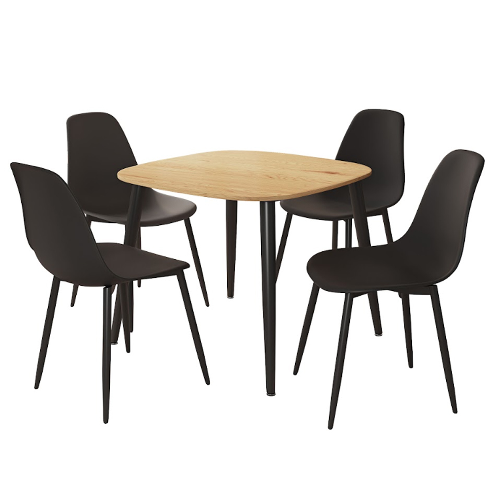 Arta Square Oak Wooden Dining Table with 4 Black Plastic Chairs